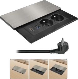 Solight indbygget stikdåseblok med skydelåg, HDMI og USB-opladning 20 W PD, sølvfarvet