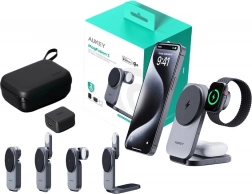 Magnetisk trådløs oplader 3-i-1 AUKEY MagFusion, Qi2 15 W, grå