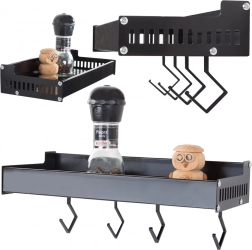 Vægmonteret krydderihylde i aluminium med kroge, sort