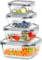 Glasbeholdere til mad med silikonepakning, firkantede, sæt med 4 stk.
