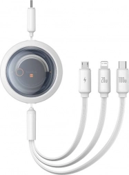 Udfyldelig hurtigopladningskabel 3-i-1 BASEUS Free2Draw, USB‑C til USB‑C/Lightning/Micro, 100 W, 1,1 m, hvid