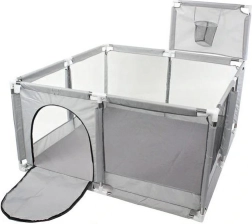 Børnelegegård 130 × 130 cm med tørboldbassin og kurv – grå