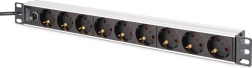 PDU strømskinne til 19" rack med sikring, 9x Schuko (45°), 2 m kabel med IEC C14, 10 A, aluminium