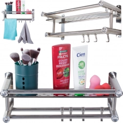 Vægmonteret badeværelseshylde med kroge og dobbelt håndklædestang, aluminium, sølvfarvet