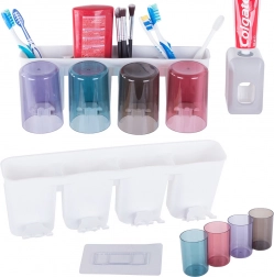 Vægmonteret tandbørsteorganizer med tandpastadispenser og 4 kopper