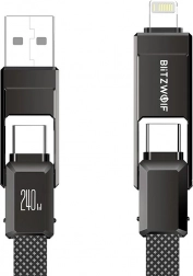 BlitzWolf 4-i-1 opladnings- og datakabel USB‑A/USB‑C/Lightning 240 W 1,2 m sort