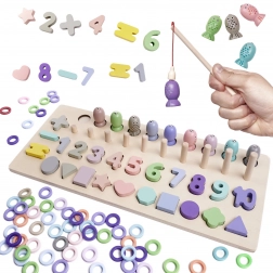 Træpædagogisk spil 2-i-1: form-sorter, tæller og magnetiske fisk