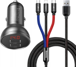 Baseus Biloplader med Skærm og USB 3i1 Kabel 24W