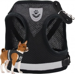 Trykaflastende sele til hunde, katte og kaniner XS – sort, reflekterende, med snor