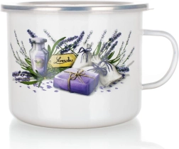 Emaljeret krus Lavender 1,4 l med plastlåg, diameter 14 cm