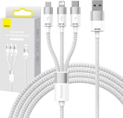 opladningskabel 3-i-1 Baseus StarSpeed, USB‑C + Micro USB + Lightning, 3,5 A, 1,2 m, hvid