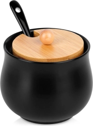 Keramisk sort sukkerskål med bambuslåg og ske 250 ml