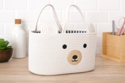 Hvid tekstilkurv til legetøj formet som en bjørn med håndtag 35 × 25 × 21 cm