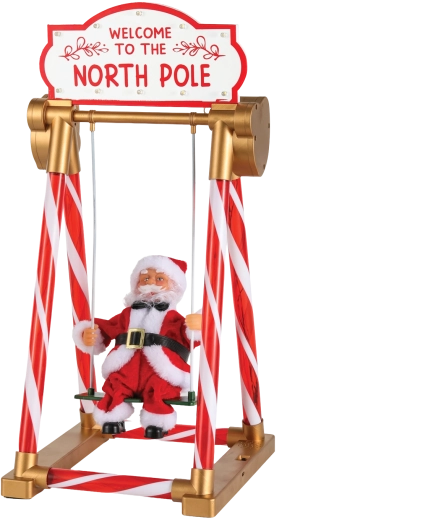 Juledekoration med julemand på gynge, LED-belysning, melodier og bevægelse, 49 cm