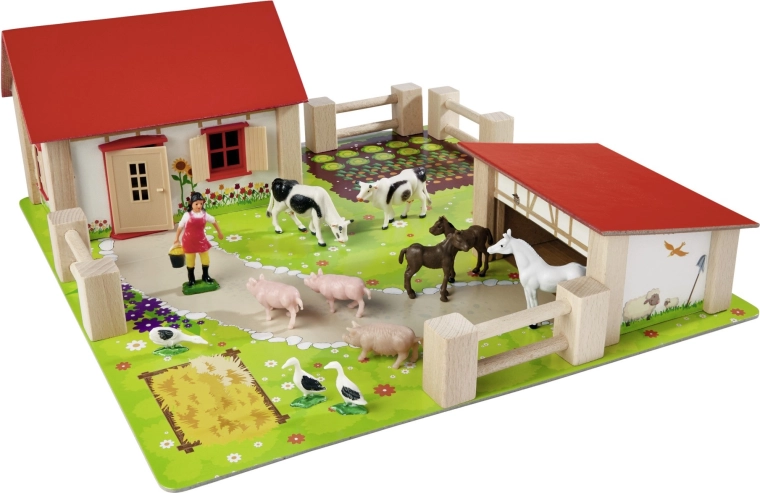 Stabile træbygninger med rødt tag