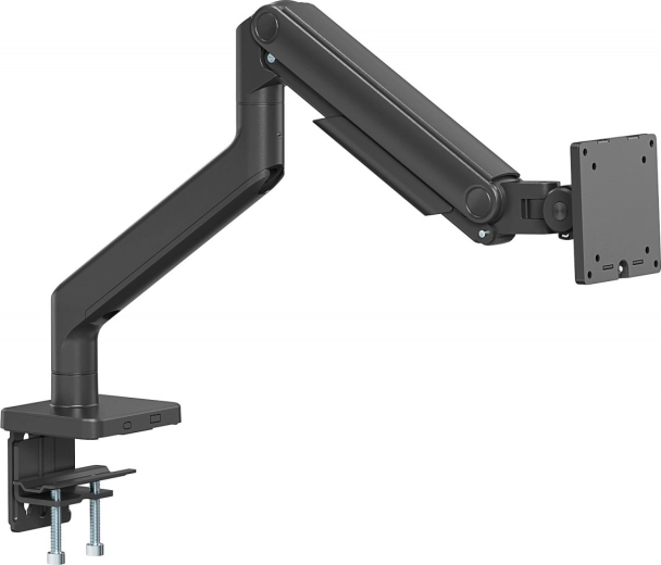 Enkeltarms skrivebordsbeslag til monitor med klemme og mekanisk fjeder, 49" / 20 kg, VESA 75x75 og 100x100, sort