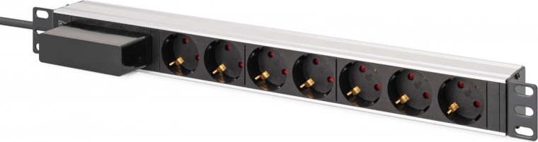 Racková PDU-strimmel 19" med afbryder og C 16 A automatsikring, 7× Schuko, 1,8 m kabel, aluminium