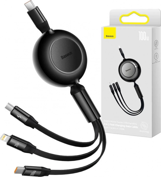 Baseus Bright Mirror 4 udtrækkeligt 3-i-1 kabel USB-C / Lightning / Micro USB 100 W, 1,1 m, sort