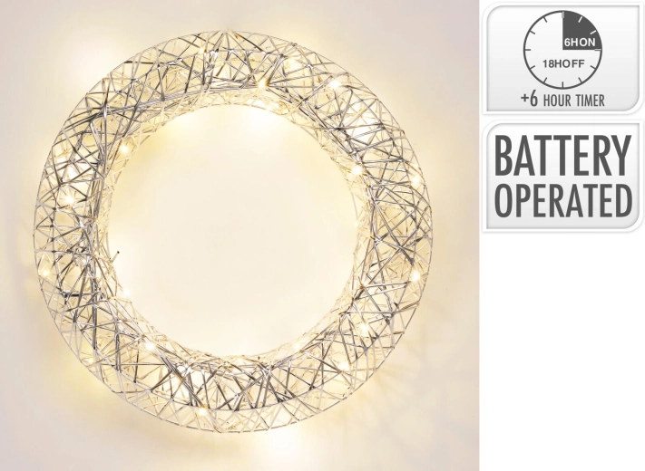 Sølvfarvet LED-krans i metal med timer, 40 cm