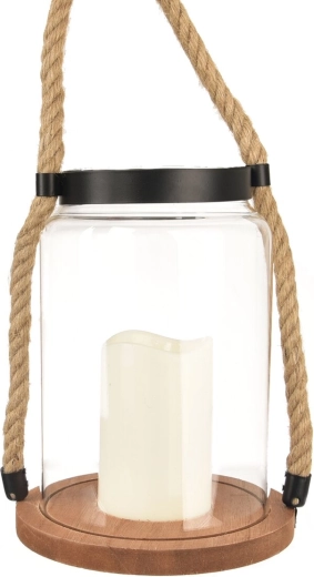 Brun glas- og træ-LED-lysestage (lanterne) 23 cm