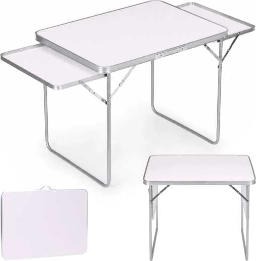 Multigarden sammenklappeligt campingbord 120 × 60 cm med 2 sidehylder, hvidt