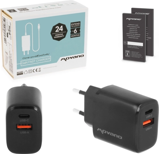Movano GaN 30 W netoplader (USB‑C PD + USB‑A), sort