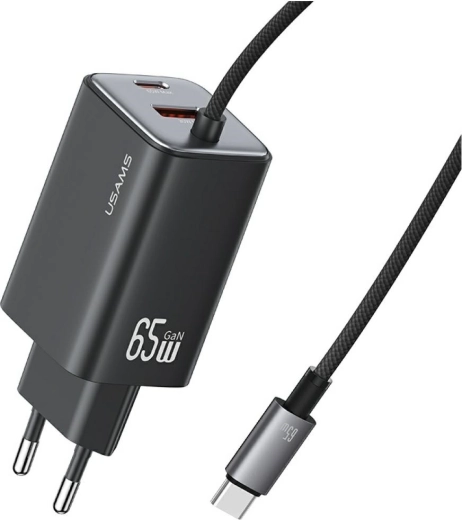 USAMS JC-serien GaN-vægoplader 65 W med integreret USB‑C-kabel (2× USB‑C, 1× USB‑A), sort