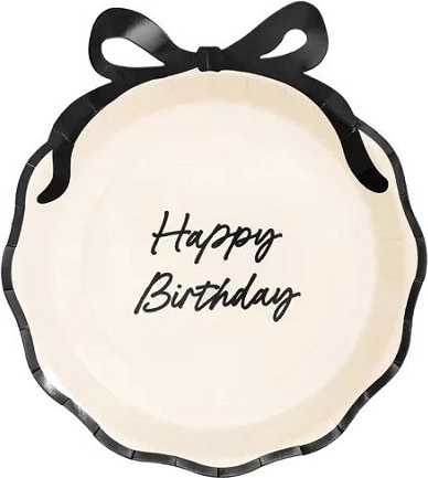 Papirtallerkener Happy Birthday med sløjfe (creme/sort) – pakke med 6 stk.