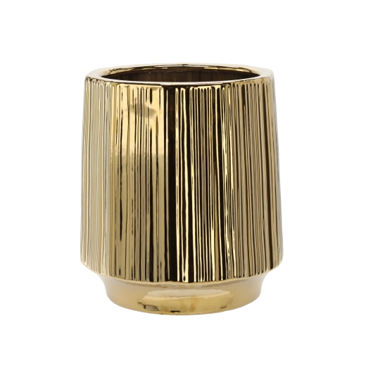 Keramisk urtepotteskjuler i guld, stribet 32 × 32 × 35,5 cm