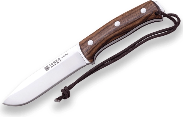 Joker Nomad bushcraft-kniv med fast klinge 12,7 cm, valnøddetræ, læderskede og ildstål