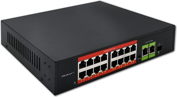 Switch fast ethernet poe 16× rj45 10/100 mb/s + 2× uplink gigabit rj45 og 1× sfp