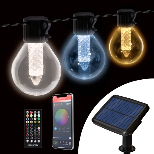Smart solcellelyskæde med 15 hvide LED-pærer, Bluetooth og justerbar lysfarve
