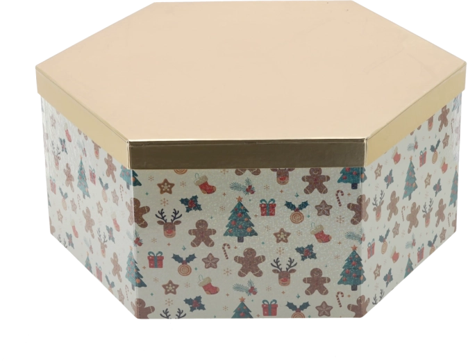 Julegaveæske sekskantet med guldlåg 33 × 28,5 × 12 cm - 1 stk.
