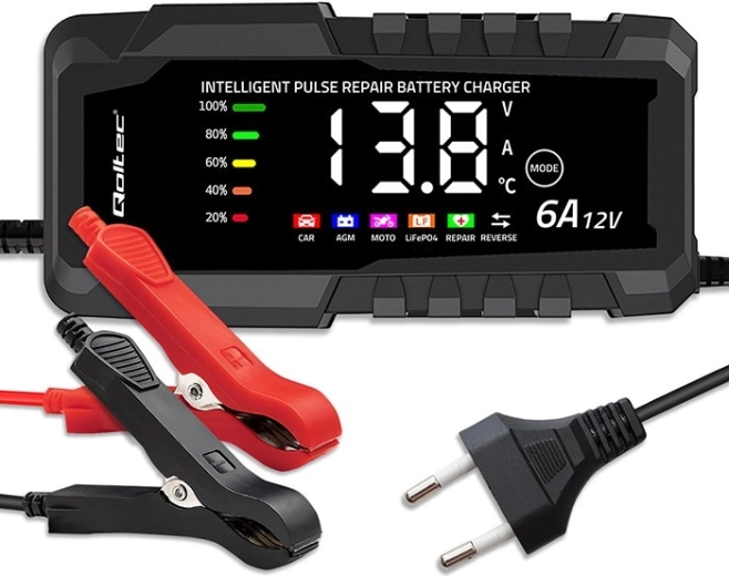 Mikroprocessoroplader 12 V 6 A med reparationsfunktion til AGM-, GEL- og LiFePO4-batterier med LCD