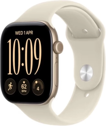 Apple Watch Series 12 GPS 42 mm aluminiumskasse i lyst guld med sandfarvet sportsrem S/M