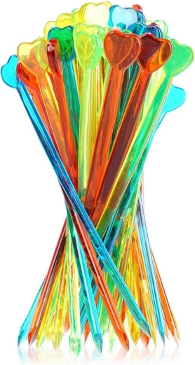 Farvede cocktailtandstikker med hjerte 8 cm, 50 stk.