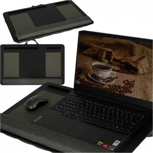 Bærbar skødbakke til laptop med pude, sort/grå