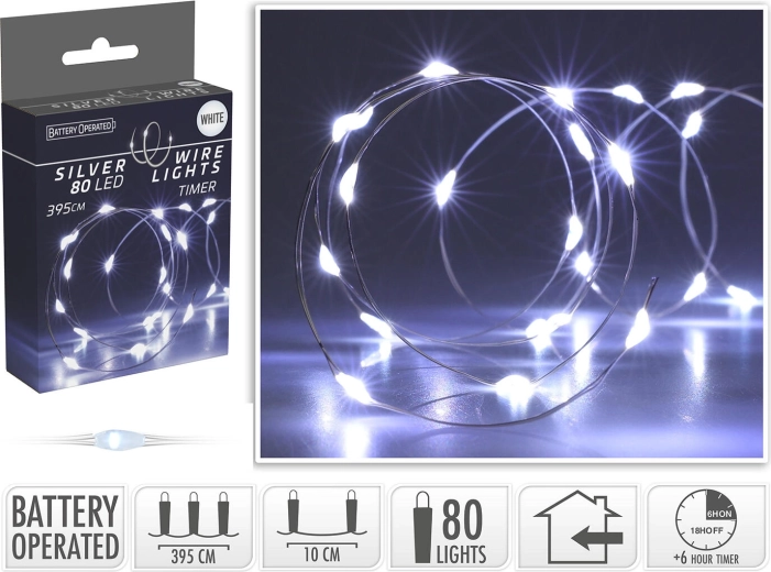 Jule LED-lyskæde 3,95 m, 80 LED, kold hvid, batteridrevet med timer - 1 stk.