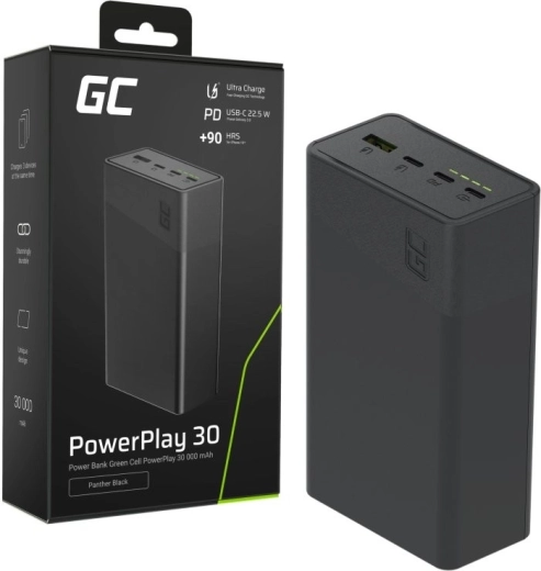 Powerbank 30000 mAh, 22,5 W, 4 porte, sort