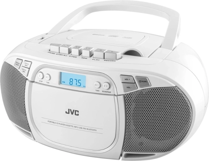 JVC bærbar boombox med CD, kassette, Bluetooth og USB – hvid