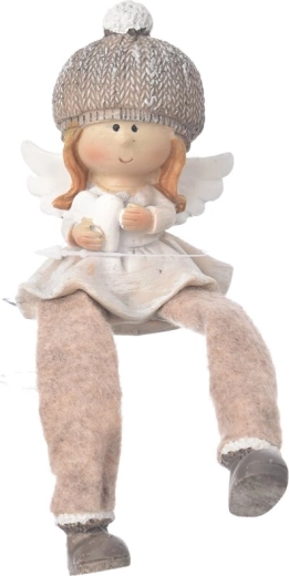 Siddende engel i polystone med hue, beige, 10 cm