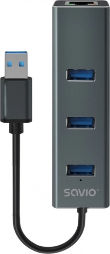 Savio hub USB-A 3.1 Gen 1 med 3 porte og RJ‑45 gigabit‑ethernetadapter