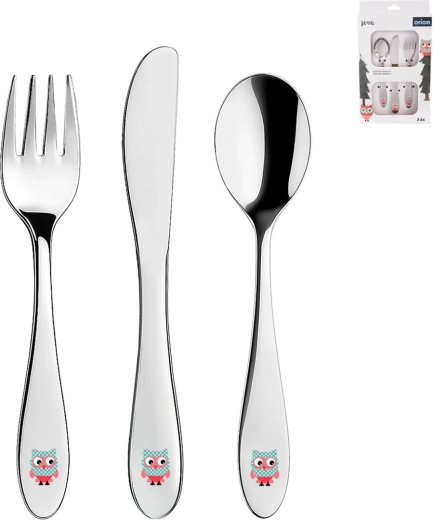 Børnebestik i rustfrit stål med uglemotiv, 3 dele