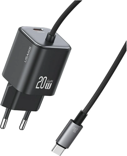 USAMS JC-serie GaN mini vægoplader 20 W med indbygget USB‑C-kabel (2× USB‑C), sort