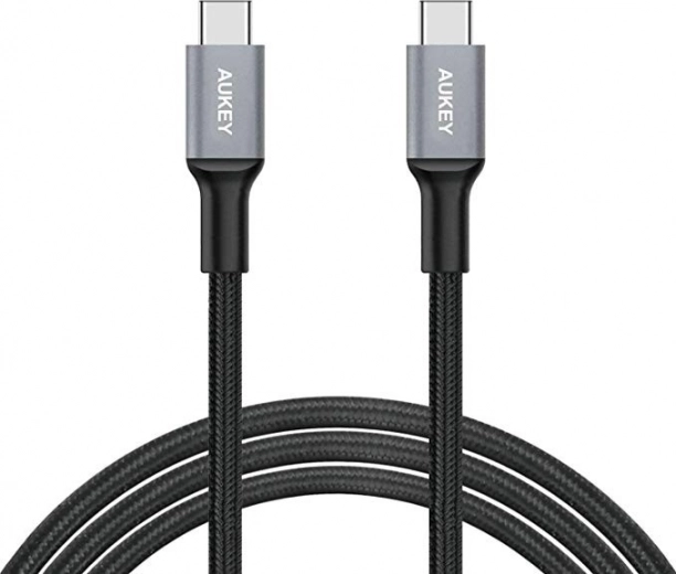aukey usb‑c til usb‑c kabel 2 m, 60 w, hurtig opladning, flettet nylon, sort