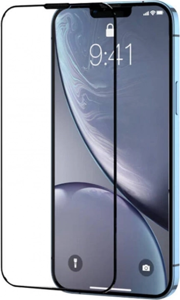 Hærdet glas med sort ramme og støvfilter til iPhone 15 Pro Max