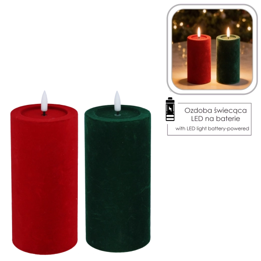LED-lys med flakkende flamme, velour rød-grøn 7,5 × 18,5 cm - 1 stk.