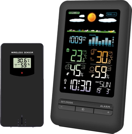 Solight vejrstation med farvet LCD-display, måling af temperatur, luftfugtighed og tryk, sort