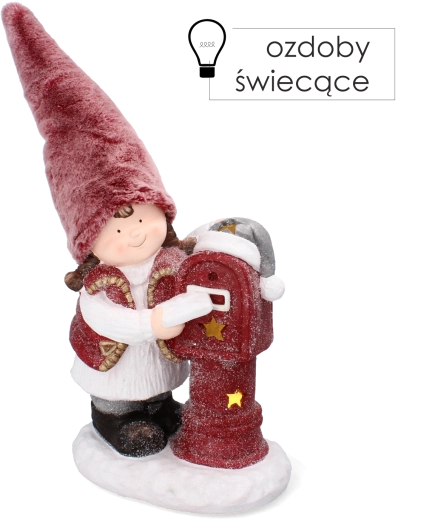 Julefigur af en pige med lyserød hue og brevkasse med LED, 45,5 cm