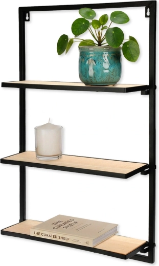 Væghængt metalhylde sort med 3 niveauer 40 × 12 × 65 cm